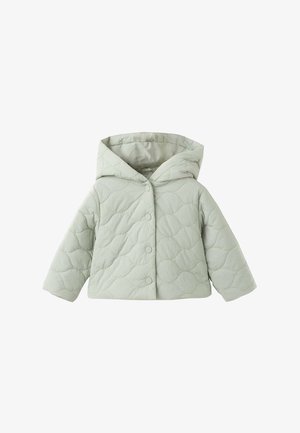 Padded jacket in soft light green, featuring a quilted pattern, a hood, and snap-button closure. Soft fabric with a smooth texture.