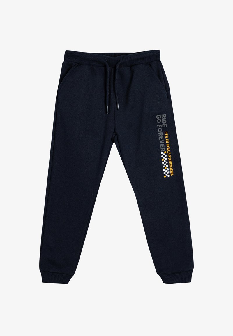Dunkelblaue Sweatpants mit elastischem Bund und Kordelzug. Mit bedrucktem Text und einem karierten Muster an der Seite. Weiches Stoffgefühl.