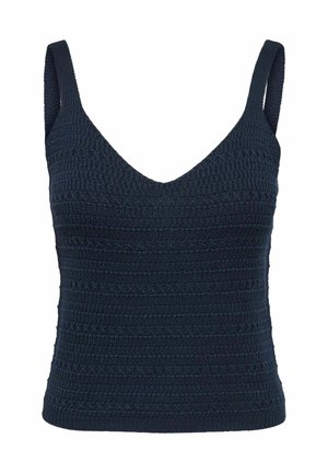 Black knitted sleeveless top with wide straps and a V-neckline, featuring textured horizontal and braided patterns.