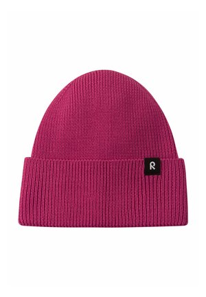 Berretto in maglia rosa con texture a coste e risvolto. Presenta un'etichetta nera con un logo bianco "R" sul lato.