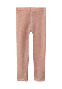 Leggings roses avec un motif texturé et un ourlet à volants, fabriqués à partir d'un matériau doux et extensible. Design ajusté pour le confort et la liberté de mouvement.