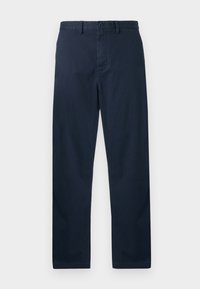 Navy blue trousers in a cotton blend with a straight fit, featuring a button closure and belt loops, smooth texture, and no visible patterns.
