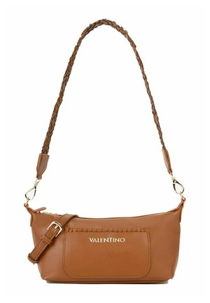 Borsa a tracolla Valentino in pelle marrone con tasca frontale, tracolla intrecciata regolabile e accessori in metallo dorato.