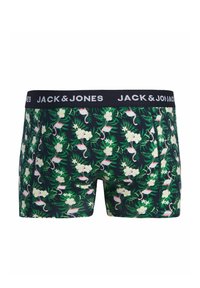 Męskie bokserki z ciemnym tropikalnym nadrukiem przedstawiającym flamingi i kwiaty. Miękka tkanina z czarnym pasem w talii z napisem "JACK & JONES".