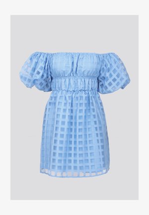 Heled sinine, õlgadest avatud kleit, mis on valmistatud läbipaistvast kangast ning millel on ruuduline muster, gathered kerel ja puhv-äärega varrukad.