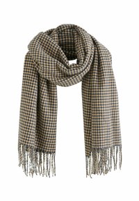Vevet tørklæde i tan og marineblå houndstooth-mønster, med frynset kanter for ekstra tekstur. Blødt stof designet til varme og komfort.