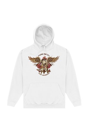 Bílá mikina s kapucí a přední kapsou, s grafickým designem lebky s křídly, růžemi a textem "Láska bolí, Los Angeles" v mnohobarevném inkoustu.