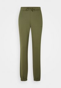Olivgrüne Sweatpants aus dehnbarem Material, mit einem elastischen Bund und einer Kordel sowie elastischen Bündchen an den Knöcheln.
