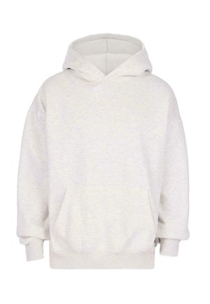 Jasnoszara, oversize'owa bluza z kapturem z przednią kieszenią i subtelnym haftowanym napisem na klatce piersiowej, wykonana z miękkiego materiału.
