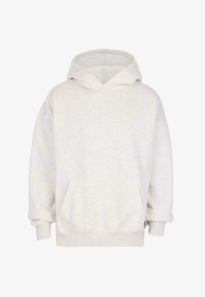 Hoodie surdimensionné gris clair avec poche frontale et texte brodé discret sur la poitrine, fabriqué à partir d'un tissu doux.