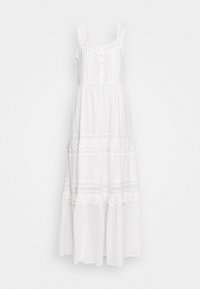 Hvid, ærmeløs kjole med blonde stropper, knaplukning foran og lagdelt design. Har subtile vandrette striber og dekorative blondekanter.