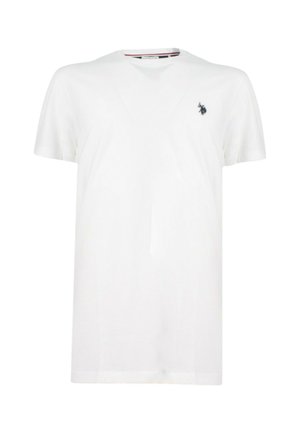 T-shirt bianco a maniche corte in cotone con scollatura a V, caratterizzato da un piccolo logo blu navy sul lato sinistro del petto e orlo dritto.