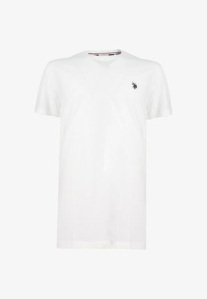 T-shirt bianco a maniche corte in cotone con scollatura a V, caratterizzato da un piccolo logo blu navy sul lato sinistro del petto e orlo dritto.