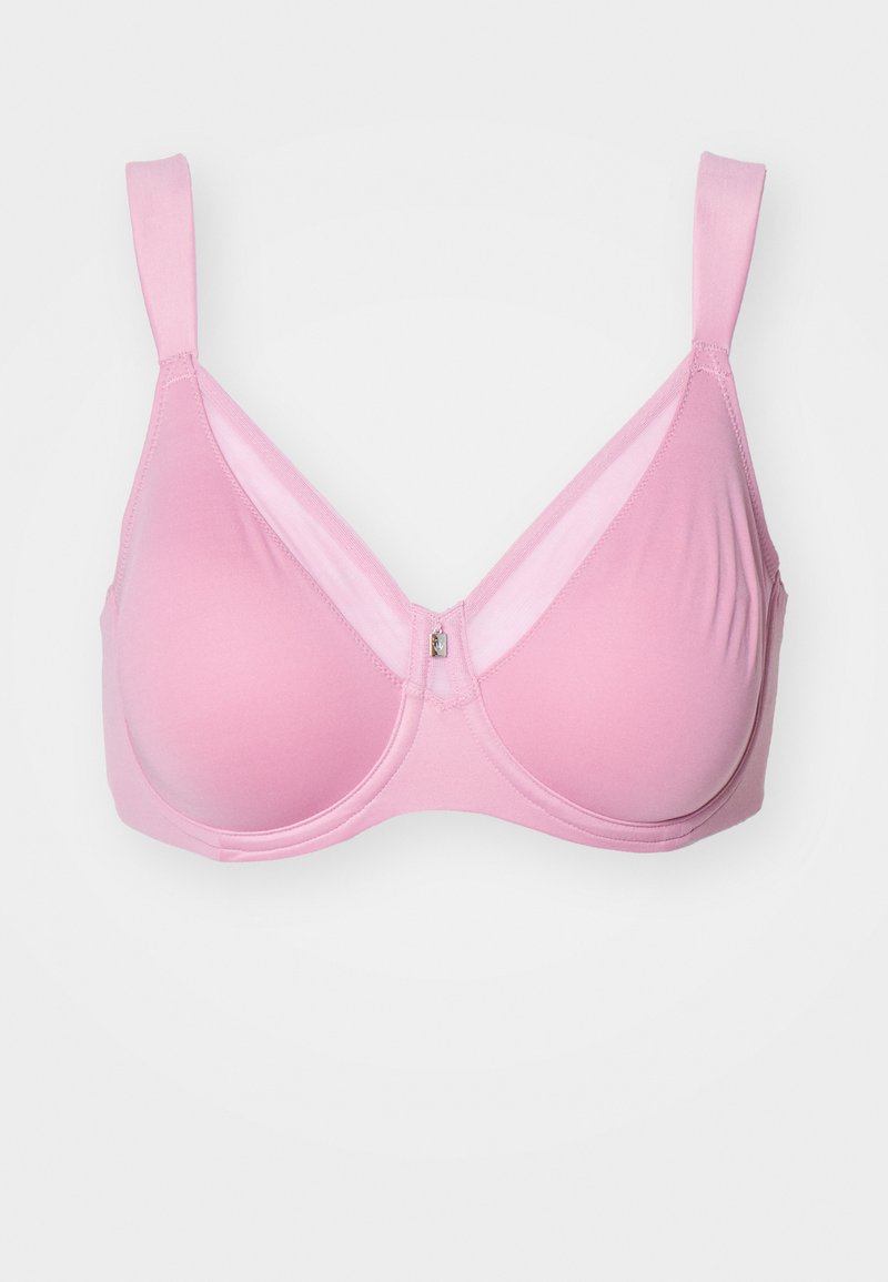 Pink wireless bra with smooth fabric, adjustable straps, and a small decorative detail at the center. Features full coverage cups.