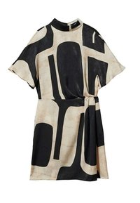 Kratší šaty s krátkým rukávem z béžové látky s velkými černými abstraktními vzory. Mají vysoký límec a zavazování v pase pro obtaženou siluetu.