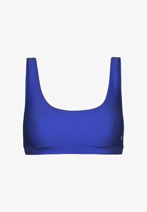 Blauer Sport-BH mit einem runden Ausschnitt, breiten Schulterträgern und glattem, dehnbarem Material. Mit einem kleinen Logo in der unteren rechten Ecke.