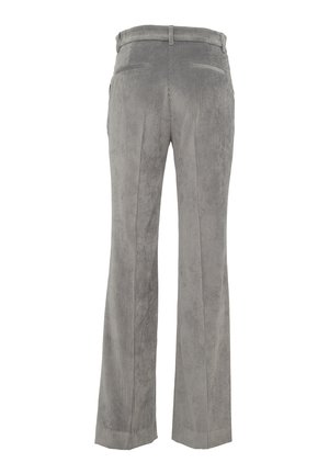 Pantaloni in corduroy grigio con forma svasata, caratterizzati da una texture a righe verticali, due tasche posteriori e una vita per una vestibilità comoda.