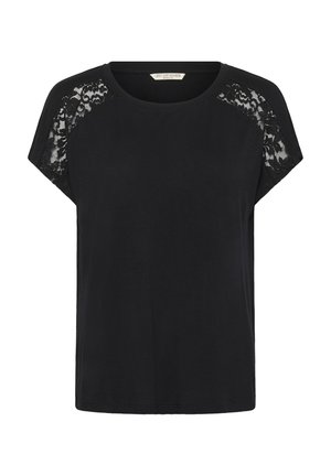 Haut noir à manches courtes avec des détails en dentelle florale sur les épaules et un col rond, étiqueté "Love Copenhagen."