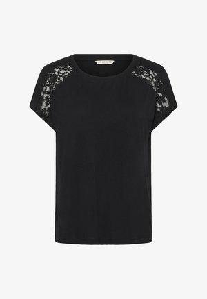 Crna kratka majica s cvjetnim čipkastim detaljima na ramenima i okruglim izrezom, označena natpisom "Love Copenhagen".