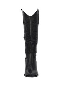 Botas de vaquero de cuero negro con patrones bordados en espiral, punteras puntiagudas y tiradores en la parte superior. Acabado elegante con un tacón bajo.