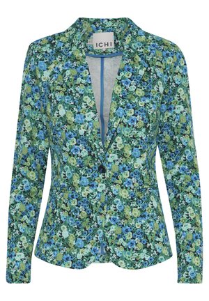 Floral blazer with a blue and green pattern, featuring a notched collar, single button closure, and two front pockets. Made from fabric with a textured finish.