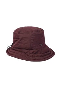 Dark purple quilted bucket hat with a small metal logo on the side and adjustable drawstring at the back.