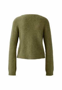 Olivgrüner gestrickter Pullover mit langen Ärmeln, einem runden Ausschnitt und einer strukturierten, flauschigen Oberfläche. Abgeschnittenem Saum mit Rippendetails.