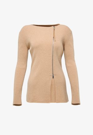 Pulover bej cu guler rotund, mâneci lungi, închidere cu fermoar pe lateral și croială lejeră. Fabricat dintr-un material moale, cu o textură netedă.