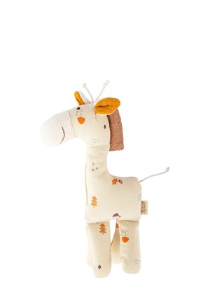 Stuffed giraffe toy in cream fabric with orange and brown accents. Features embroidered details and a textured mane. Soft, flexible limbs.