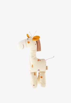 Stuffed giraffe toy in cream fabric with orange and brown accents. Features embroidered details and a textured mane. Soft, flexible limbs.