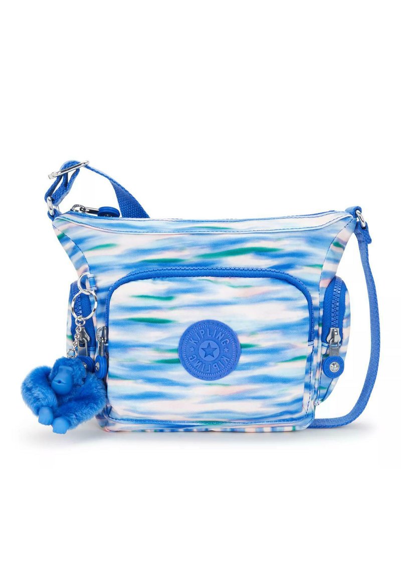 Borsa a tracolla blu con motivo, dotata di un portachiavi a forma di scimmia blu pelosa, che presenta una tasca frontale e chiusura a zip, realizzata in tessuto resistente.