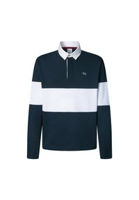 Mørkeblå og hvid langærmet polo skjorte med krave, kontrasterende striber og et lille broderet logo på brystet.