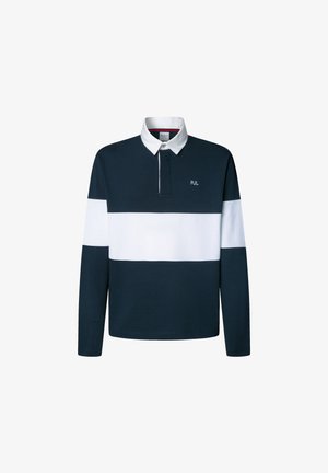 Navy- und weiße Langarm-Polohemd mit Kragen, kontrastierenden Streifen und einem kleinen gestickten Logo auf der Brust.