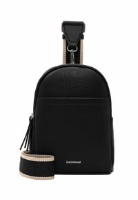 Black textured leather backpack with a rounded shape, featuring a zipper closure, adjustable strap, and logo accent.