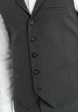 Grau strukturiertes Weste mit fünf schwarzen Knöpfen, Reverskragen und einer Brusttasche. Das Material hat ein dezentes Muster, das das taillierte Design ergänzt.