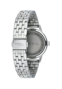 Montre en acier inoxydable avec un bracelet à maillons argentés. Boîtier rond, cadran simple et logo gravé ; étanche jusqu'à 3 ATM.