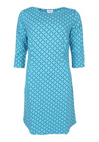 Blaues Kleid mit geometrischem Muster, das über drei Viertel-Ärmel und einen runden Ausschnitt verfügt, aus einem glatten Stoff hergestellt.