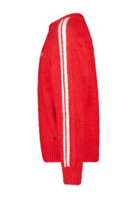 Rote, flauschige Strickjacke mit weißen horizontalen Streifen, gerippten Bündchen und Saum sowie einem Logodetail auf der Brust. Weicher Stoff, mittellanges Design.