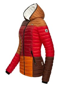 Padded jacket with a hood, featuring horizontal color blocks in red, orange, brown, and tan. Includes a front zipper and side pockets.
