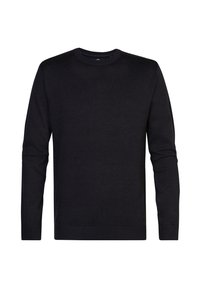 Black sweater made of knit fabric, featuring a crew neck, long sleeves, and ribbed cuffs and hem. Minimal design with no patterns or accents.