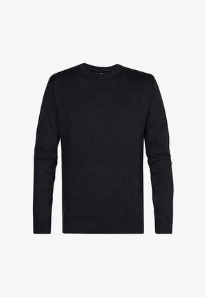 Maglione nero in tessuto a maglia, con collo rotondo, maniche lunghe e polsini e orlo a costine. Design minimale senza motivi o accenti.
