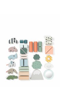 Des jouets animaux en bois, des blocs géométriques, des cylindres et des formes naturelles disposés soigneusement sur un fond blanc.