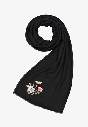 Sort tørklæde lavet af blød materiale, med broderede blomster- og sommerfuglemotiver i hvid, pink og grøn. Kanterne har en subtil fryns.