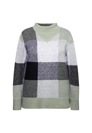 Sweter dzianinowy z dekoltem w kształcie litery V, prążkowanym kołnierzem i długimi rękawami. Wzór w kratę w odcieniach zieleni, szarości i czerni. Miękka tekstura.