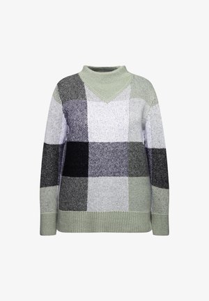 Gebreide trui met een V-hals, geribbelde kraag en lange mouwen. Geruit patroon in groen, grijs en zwart. Zachte textuur.