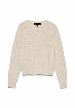 Beige gestrickte Strickjacke mit langen Ärmeln, rundem Ausschnitt, Knopfleiste und strukturierten Mustern, darunter kleine Herzen und vertikale Linien.