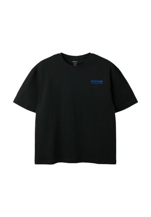 T-shirt noir à manches courtes avec un col rond et un petit texte bleu "FUTURE" sur le côté gauche de la poitrine.