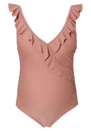 Różowy jednoczęściowy kostium kąpielowy z falbaniastymi krawędziami przy dekolcie i ramiączkach. Gładki materiał o lekko teksturowanym wykończeniu oraz marszczone boki.