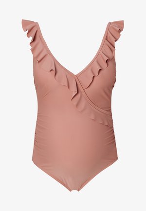 Różowy jednoczęściowy kostium kąpielowy z falbaniastymi krawędziami przy dekolcie i ramiączkach. Gładki materiał o lekko teksturowanym wykończeniu oraz marszczone boki.