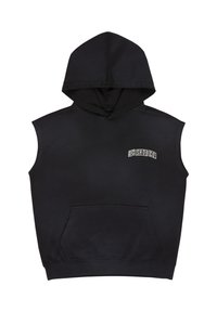 Czarna bezrękawnikowa bluza z kapturem wykonana z miękkiego materiału, z kieszenią kangurkową z przodu oraz szarym logo na piersi.